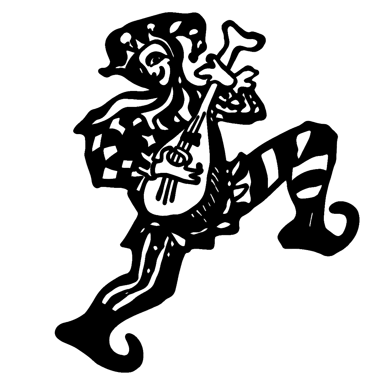 Publisher's mark depicting a dancing Elizabethan fool playing the lute.